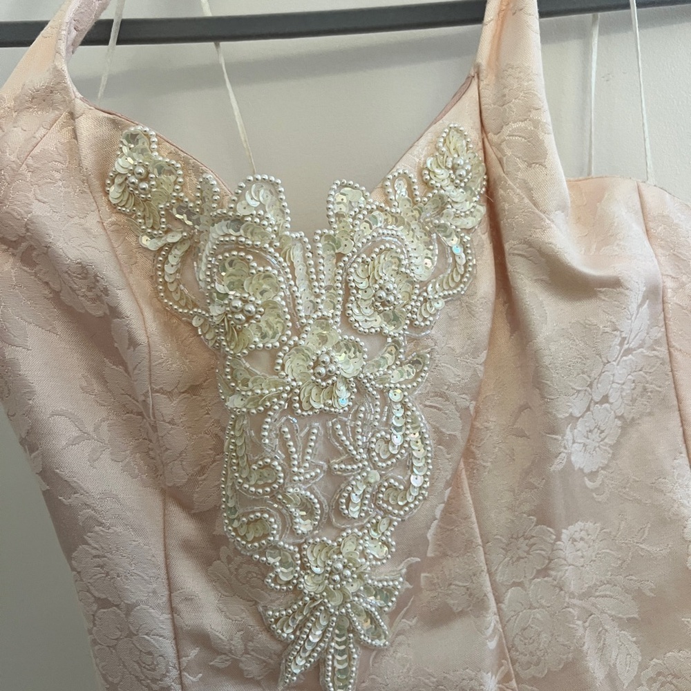 Vintage 90s Prom Dress Halter Sequins Beaded Pale Petal Pink Knee Length 7 / 8 - Picture 3 of 11